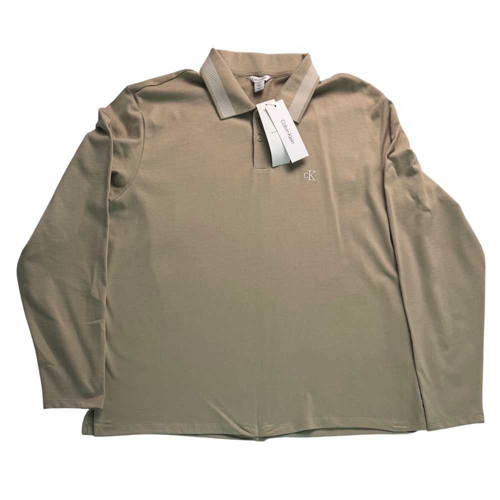 Calvin Klein Mens Long Sleeve Polo Shirt Tan White Pepper Cotton L 4L0209U 230